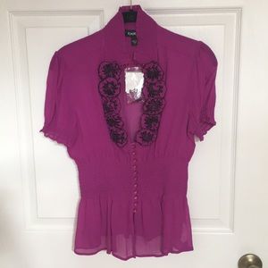 Bebe Flower Detail Puff Sleeve Blouse